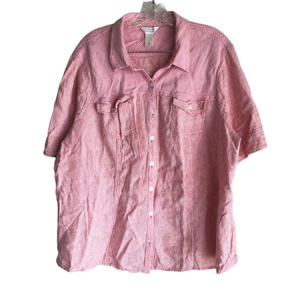 CJ Banks Women's Flannel Shirt Plus 2X Striped Linen Rayon Short Sleeve Red